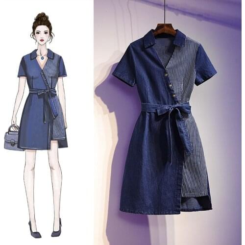 Plus Size Women Denim Dress Summer Fashion V-Neck Short Sleeve Mid-Length Patchwork Striped Asymmetric Loose Jean Dresses G1054