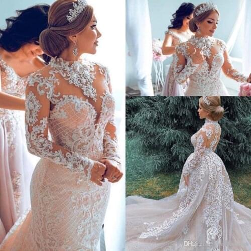 Mermaid Wedding Dresses High Neck Lace Appliques Beads Illusion With Overskirts Sheer Back African Plus Size Bridal Gowns
