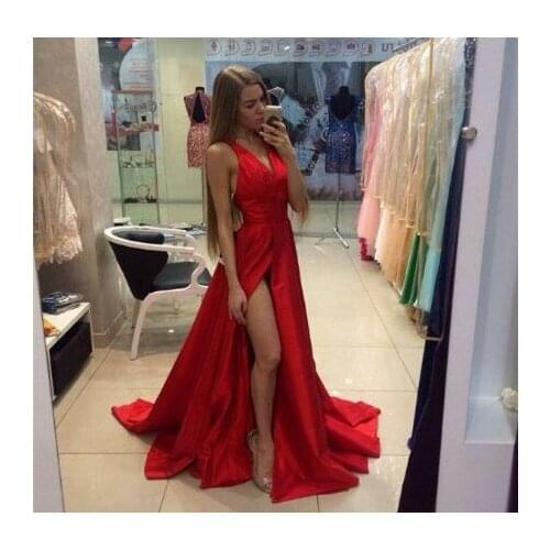 Womens Long V-Neck Mermaid Red Prom Dresses with Pockets Robe De Soiree Sexy Criss Cross Back Side Slit Formal Party Dresses