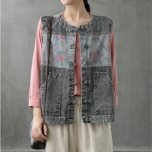 Chinese Style Clothing Women Denim Vest Outwear Sleeveless Jacket For Spring Loose Print Patchwork Vintage Fashion Tops 11969