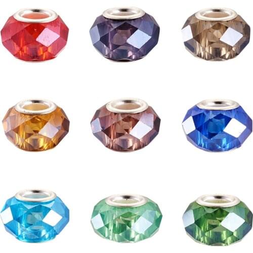 100pcs Pearlized Glass European Beads, Large Hole Beads, with Brass Double Cors, Faceted, Rondelle, Mixed Color(randomly)