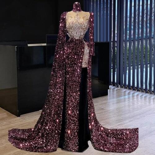 2021 Shiny Beaded Sequins Formal Evening Dresses High Neck Long Sleeves Sexy Front Split Grape Prom Gowns For Dubai African Girl