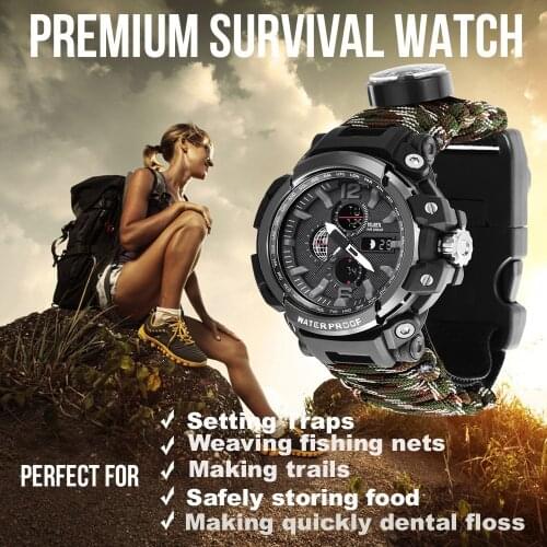 Wilderness Outdoor Survival Watch Climbing Travel 50M Depth Waterproof Multifunctional Umbrella Bracelet Paracord Rope Watch