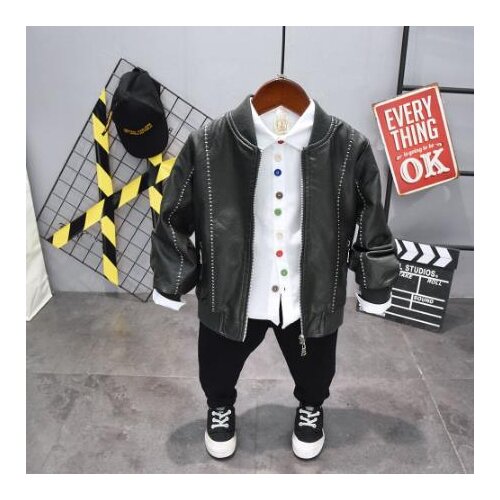 Childrens jacket shirt suit clothing set cotton baby boy imitation leather coat and shirt and pants 3 piece suit clothing