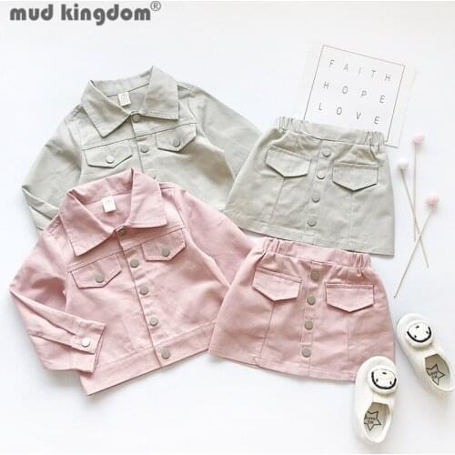 Mudkingdom Girls Denim Jacket Skirt Sets Solid Long Sleeve Turn Down Collar Button Tops Elastic Waist Skirts Outfit for Kids Set