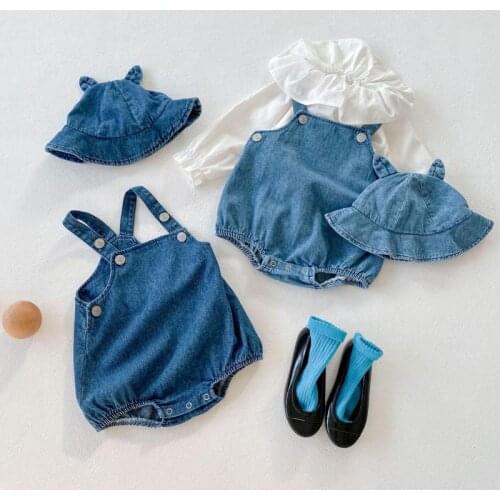 2021 Autumn New Baby Boy Denim Bodysuit Sleeveless Overalls Solid Infant Girl Jean Jumpsuit With Blue Denim Hat Toddler Outfits