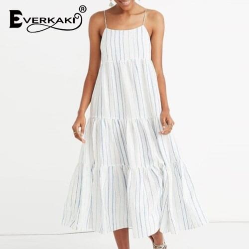 Everkaki Boho Striped Print Strap Dresses Women Summer Beach Vacation Sleeveless Party Plus Size Ladies Midi Dress Female 2021