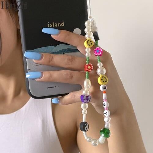HangZhi 2021 New Colorful Flower Letter Tai Chi Pearl Soft Pottery Mobile Phone Strap Anti-lost Lanyard for Women Summer Jewelry