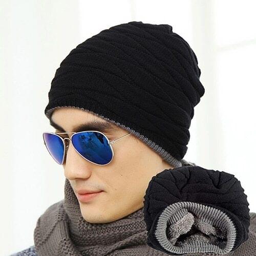 Fashion Beanie Men Winter Warm Faux Fur Lined Baggy Hat Skull Hip-Hop Cap