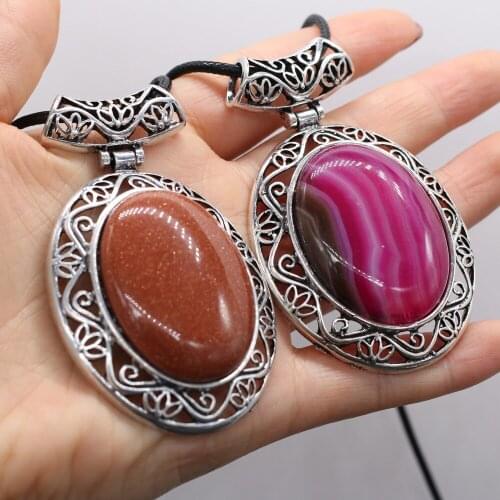 Natural Agates Pendant Necklace Exquisite Oval Malachites Tiger Eye Stone Pendant Necklace for Jewelry Necklace Length 46x75mm
