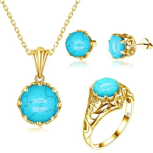 Szjinao 14K Gold Plated Jewelry Sets For Women Real 925 Sterling Silver Turquoise Gemstones Round Pendant Earrings Ring Set New