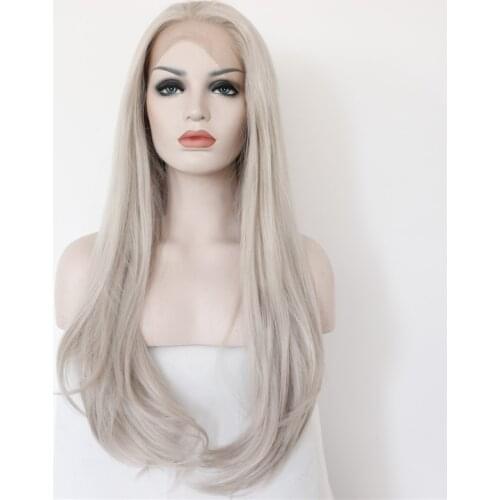 Sylvia Silver Gray Color Natural Wave Synthetic Lace Front Wigs Heat Resistant Fiber Hair Wig For Women