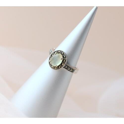 Authentic 925 Sterling Silver Rings Inlaid Natural Prehnite National Retro Style Opening Adjustable Ring Lady Fine Jewelry Gift