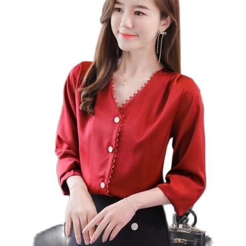 Summer Shirt Fashion Long Sleeve Satin V-Neck Womens Shirt Vintage Street Silk Shirt Elegant Imitation Loose Blouses and Shirts