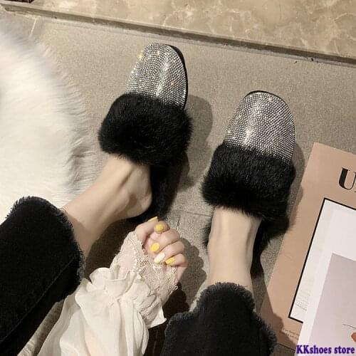 Autumn Winter flats Women shoes women Round Toe Slip on Plush Fur Fashion Rhinestone snow Shoes Women Comfort Shoes woman