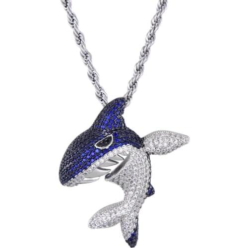 Hip Hop Paved Full Blue White AAA+ Cubic Zirconia Out Iced Bling Shark Pendants Necklaces for Men Rapper Jewelry Gifts
