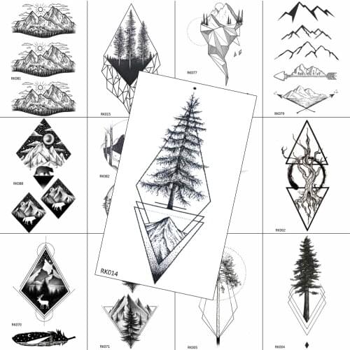 Geometry Pine Tree Temporary Tattoos Sticker Black Mountain Moon Water Transfer Tattoo For Men Body Art Washable Beauty Tatoos
