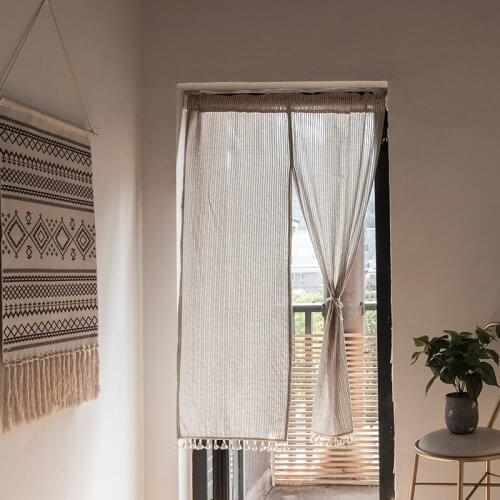 Home Decor Kitchen Door Curtain Solid Color Cotton Linen Natural Tassel Bedroom Bathroom Doors Curtains Free Gift Telescopic Rod