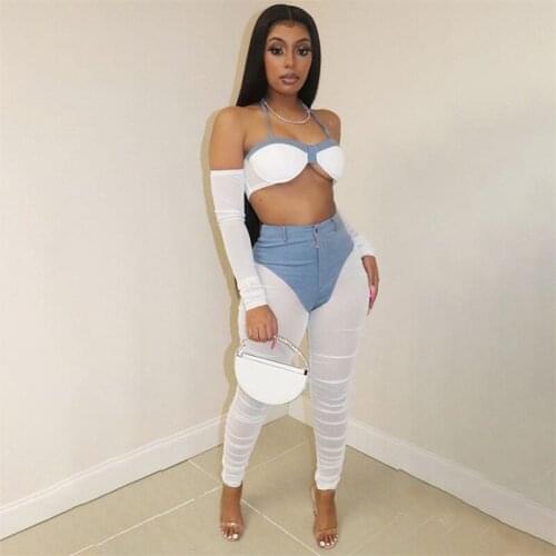 Hirigin Mesh Sheer See Through Patchwork Pants Leggings Trousers 2021 Fashion Women High Waist Bodycon Party Club Streetwear