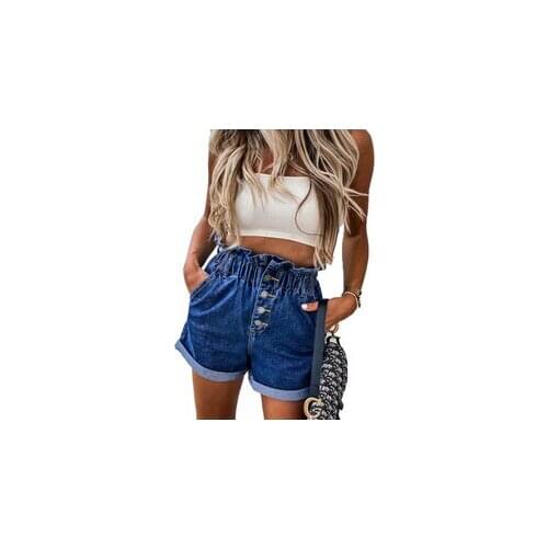 Womens Summer Casual Solid Mini Jeans Shorts High-waist Elasticated Waist-Breasted Ruffled Denim Short