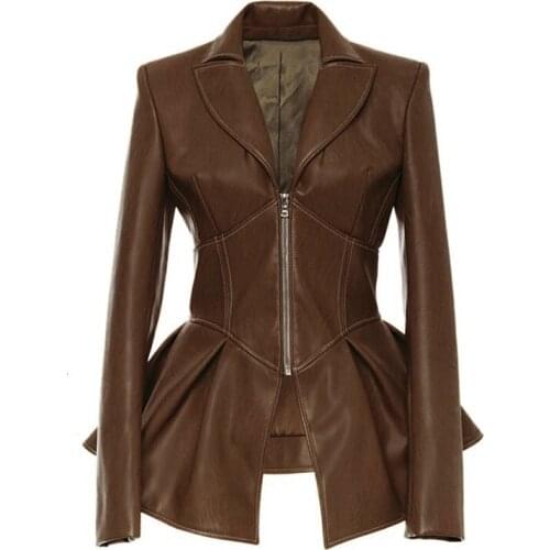 2021 New Locomotive Style Patchwork Irregular Pu Coat Jacket Women Lapel Collar Long Sleeve High Length Coat Women Windbreaker