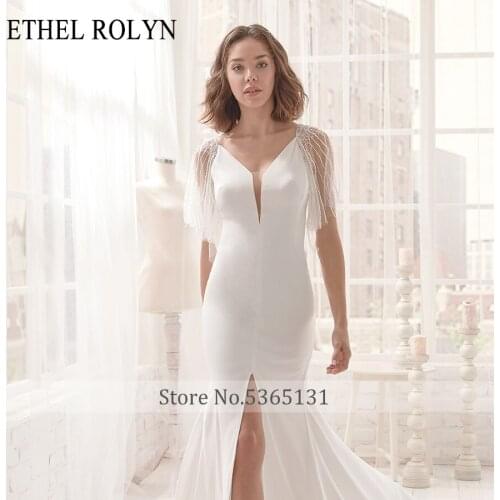 ETHEL ROLYN Mermaid Wedding Dress 2021 Elegant Satin Backless V-neck Beaded Tassel Short Sleeve Bride Dresses Vestido De Novia