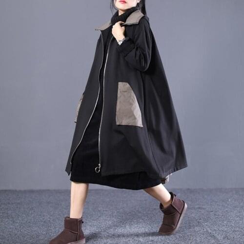 Women Korean Coats Long Trench Clothing Hooded Big Pocket Loose Large Size Patchwork Zipper England Windbreaker Outerwear