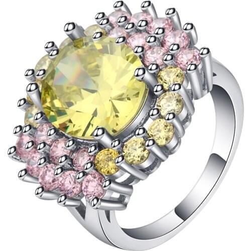 Beautiful Pink And Yellow Zircon Flower Rings Female Silver Color Shining Round Design Womens Wedding Bands Rings Dropshipping