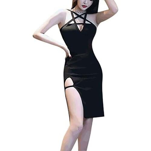 Punk Gothic Pentacle Strap Bodycon Dress Sexy Women Black Halter Cut Out High Slit Sheath Bandage Dress Night Club Wear