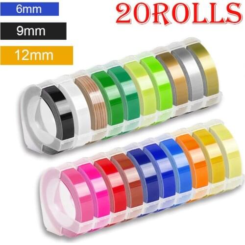 20Rolls 6/9/12mm 3D Embossing PVC Label Tapes Compatible Dymo 1610 1880 12965 Manual Label printers for Motex E101 Label Makers