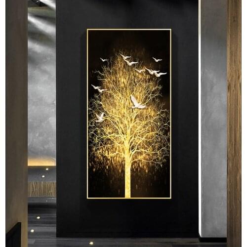 Abstract Golden Money Tree and White Bird Canvas Painting Poster Nordic Wall Art Pictures for Living Room Decor Unframed