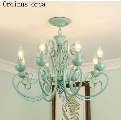 American pastoral creative candy color LED chandelier girls bedroom childrens room lamp European simple color iron pendant lamp