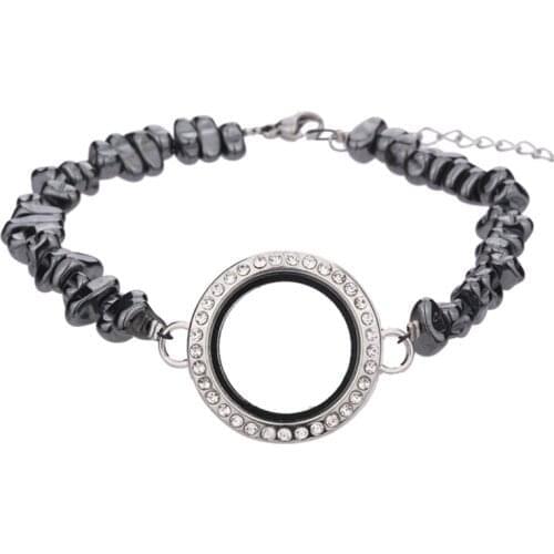 5pcs/lot Black Natural stone handmade Bracelet memory Glass crystal Floating charms 30mm locket bracelet with Extension chain