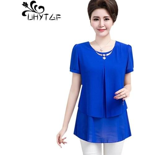 UHYTGF womens tee shirt Fashion chiffon Fake two pieces summer top female Solid color short sleeve Wild 5XL plus size t-shirt 19