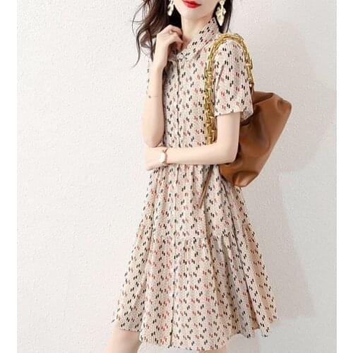 Fashionable and generous casual loose Korean printed shirt collar button dress clothing women Ruffles Regular Casual
