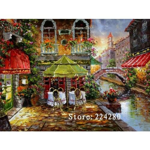 Needlework,Town Riverside coffee shop Scenery Bridge Handmade 14CT Canvas DIY,Cross-stitch kit,For Embroidery Art Home Decor