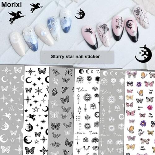 Starry star nail art sticker for manicure accessories back adhesive black white bow butterfly fly horse slider nail decals YJ009