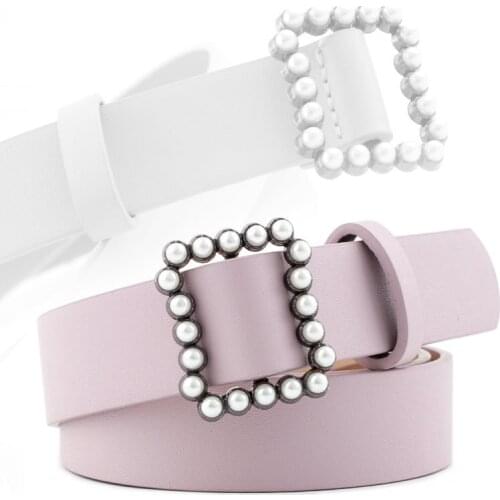 New Ladies Fashion Leather Belt Square Pealrs Pin Buckle Waist Straps Decorative Tide Female Belts High-end Dress Accessories