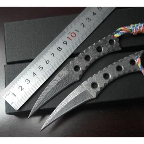 Freewolf Damascus Karambit Claw Knife 58-60HRC Blade Outdoor Camping Hiking Fishing Fixed Blade Knives with Leaher Sheath