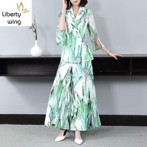 Office Lady Lapel Slim Printed Blazer Wide Leg Two Piece Set Elegant Green Double Breasted Coat & Baggy Pants Suit