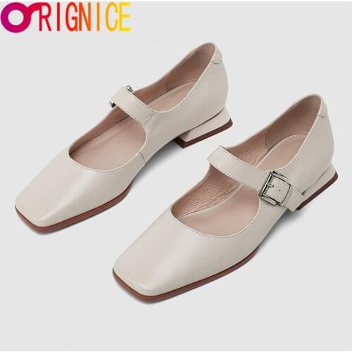Orignice Retro Genuine Leather Casual Women Pumps Low Heels Mary Janes New Arrival Metal Buckle Concise Spring Wild Shoes Brown