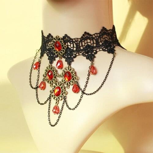 Crystal Pendant Necklace For Women Accessories Gothic Jewelry Vintage Hollow Black Lace Choker Water Drop Statement Link Chains