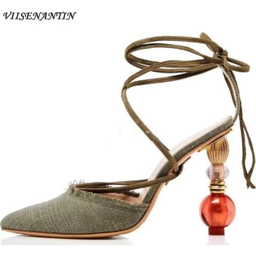 Summer Catwalk New Woven Cloth Pointed Toe Lantern Heel Sandals Fashion Cross Straps Roman High Heel Sandals Large Size