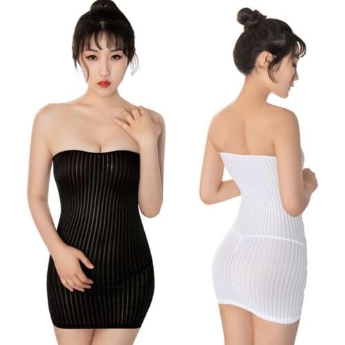 Sexy Lingerie Women Striped See-through Dress Short Sheath Bodycon Boob Tube Dresses Strapless Stretchy Fancy Club Dress