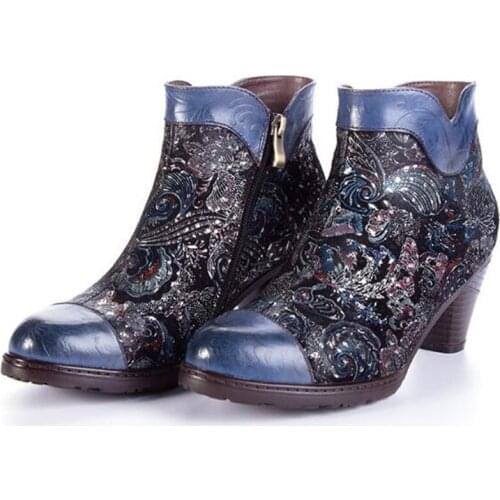 Embossed Women Boots Genuine Leather Retro Buckle Zipper 6CM Thick High Heel Ankle Boots Elegant Shoes printing Women Shoes