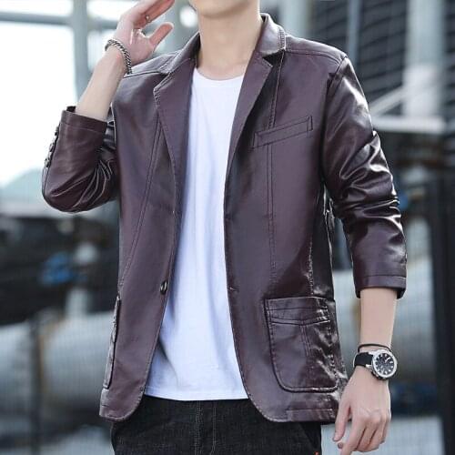 Spring and Autumn Fashion Slim Korean Youth Leather Suit Coat Mens Solid Color Fashion Leather Jacket