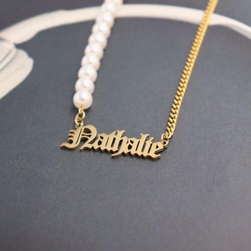 Pearl Necklace Women Hip Hop Jewelry Custom Name Necklaces Personalized Old English Letter Choker Gold Curb Chain Bijoux Femme
