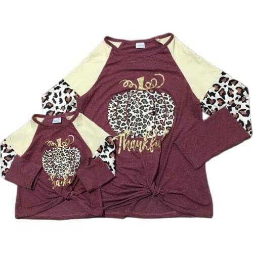 Girlymax Thanksgiving Baby Girls Mommy &me Leopard Pumpkin Knot Tie Wine Boutique Top T-shirts Kids Clothing Long Sleeve