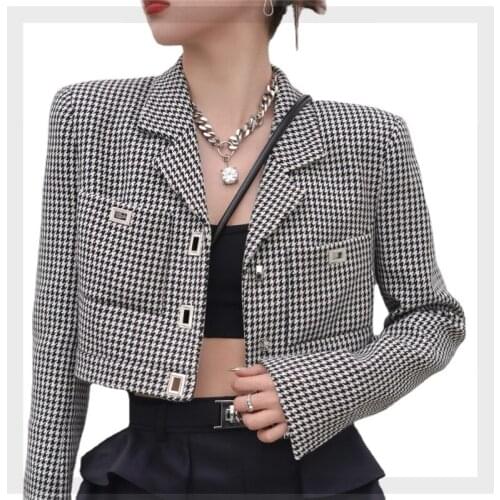 Plaid Short Coats Jackets for Women 2021 Long Sleeve Single Breasted Ladies Tops All Match High Waist Autumn Fashion New Womens