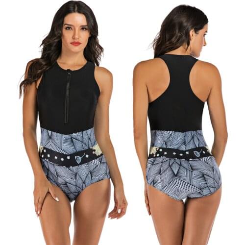 Sleeveless Rash Guard Women Zipper One Piece Swimsuit Plus Size Print Swimwear Push Up Swim Suit Professional Monokini Black S